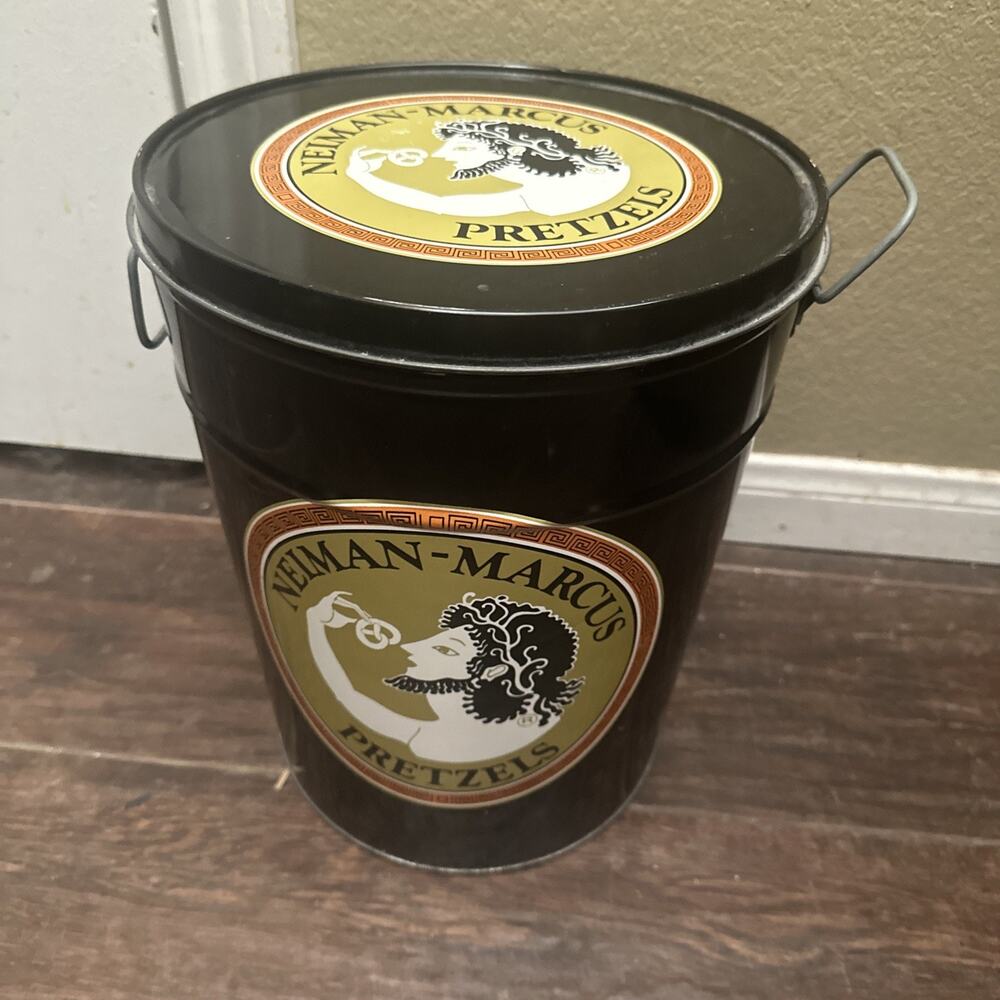 Vintage Neiman Marcus Pretzels Tin Can XL Advertisement Display Piece 12x11